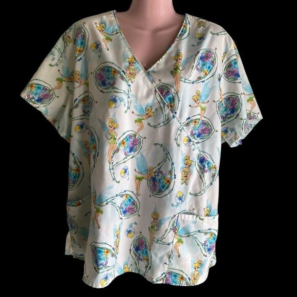 Disney Scrub Top Women's Size 2XL White Tinkerbell Floral Mock Wrap - Picture 1 of 7